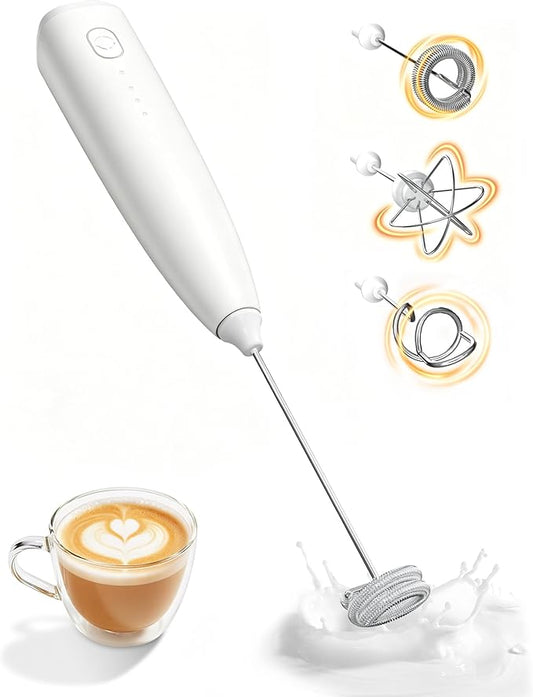 Portable Milk Frother Handheld,Electric Drink Mixer & Wand, 3 Detachable Stainless Steel Whisks, 3 Adjustable Speeds Quiet, USB C Rechargeable for Coffee, Latte, Matcha, Home & Kitchen (White)