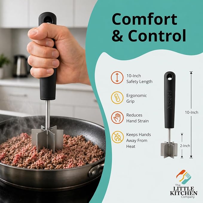 Large Stainless Steel Meat Chopper & Masher | Dishwasher Safe | 6-Blade Ground Beef Chopper Tool | Hamburger Smasher | Oversized Ergonomic Handle | Heat Resistant Grip - 10" (Black 10")