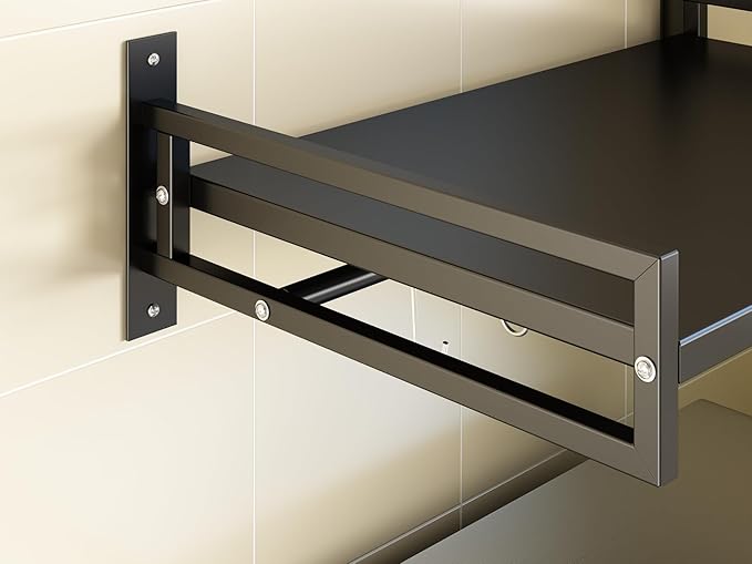 ABCOOL Wall Mount Microwave Oven Shelf Rack for Kitchen Home, Black Carbon Steel Counter Countertop Holder with Hook Rail and 3 Slidable Hooks