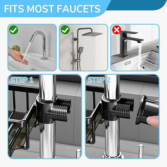 BusyLive Kitchen Sink Faucet Organizer,2024 New Sink Drain Rack Sponge Storage, Adjustable Detachable Sponge Holder for Kitchen Faucet, Sink Drain Holder for Soap, Shampoo, Shower Shelf (Left)