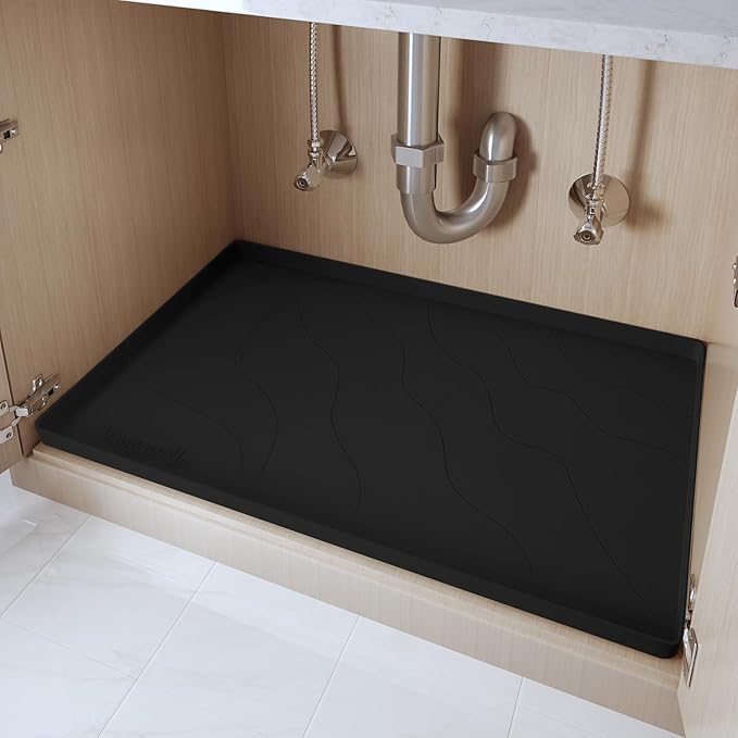 Heavy Duty Silicone Under Sink Mats for Kitchen Waterproof 40" x 19", Extra Thick Under Sink Rubber Mat Drip Tray, Raised Edge Under Sink Liner,Prevent Drips, Leaks, Spills,Black