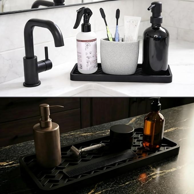 Silicone Sink Organizer Tray, Rectangular, Modern Style, Heat Safe, Dishwasher Safe, for Bathroom and Kitchen Organization Grey, 12"x4", Chevron Pattern
