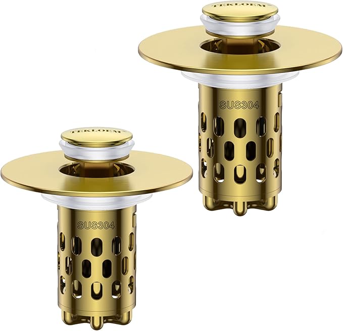 Bathroom Sink Drain Strainer,All Metal Pop-Up Sink Stopper with Removable Stainless Steel Filter Basket, Universal Bathroom Hair Catcher Fit for 1.1-2.36'' Drain (Gold, 2 Pack)