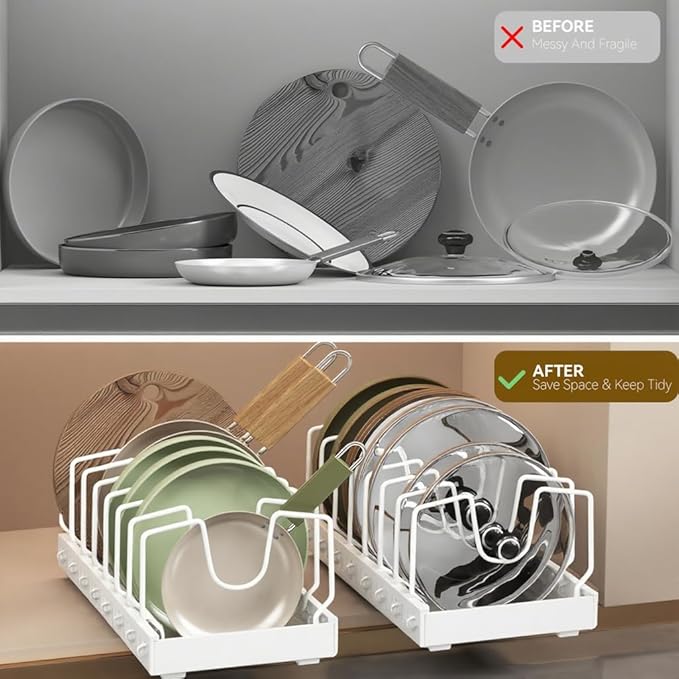 Pots and Pans Organizer Under Cabinet, Pull Out Pots and Pans Organizer, Expandable Sliding Lid Holder and Pan Rack for Pot Lid, Bakeware, Dishes, 10 Adjustable Dividers
