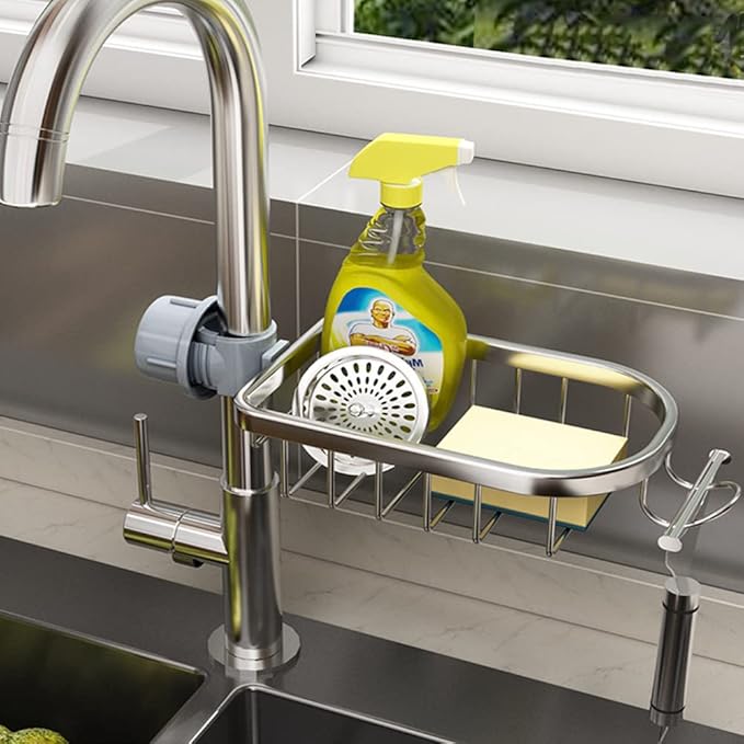 Faucet Sponge Holder Upgraded Kitchen Sink Caddy Organizer with Dish Towels Drying Rack & Hooks Over Faucet Hanging Faucet Drain Rack for Sink Organizer (Basic, Silver)