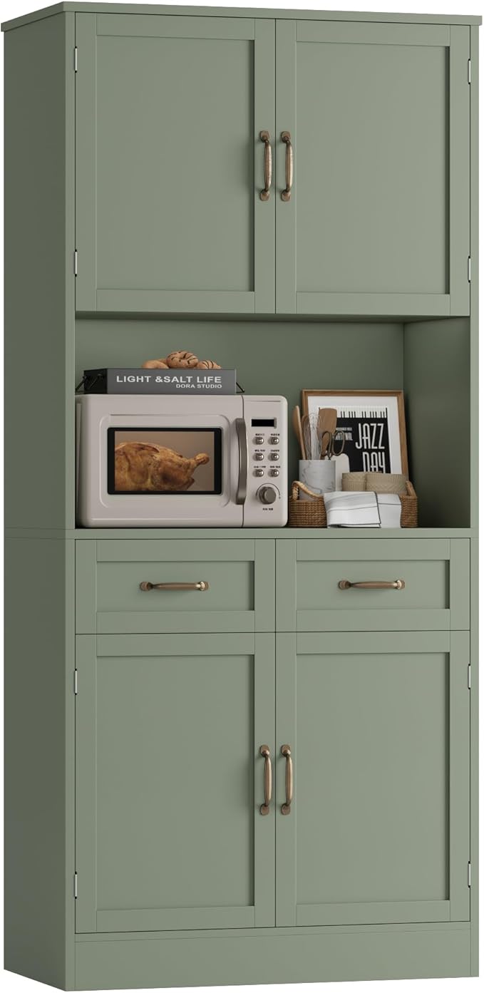 HOSTACK 71“ Tall Kitchen Pantry Storage Cabinet, Modern Kitchen Hutch Bar Cabinet with Microwave Stand, Wood Buffet Sideboard with Hutch, Cupboard with Drawers, Shelves for Dining Room, Green