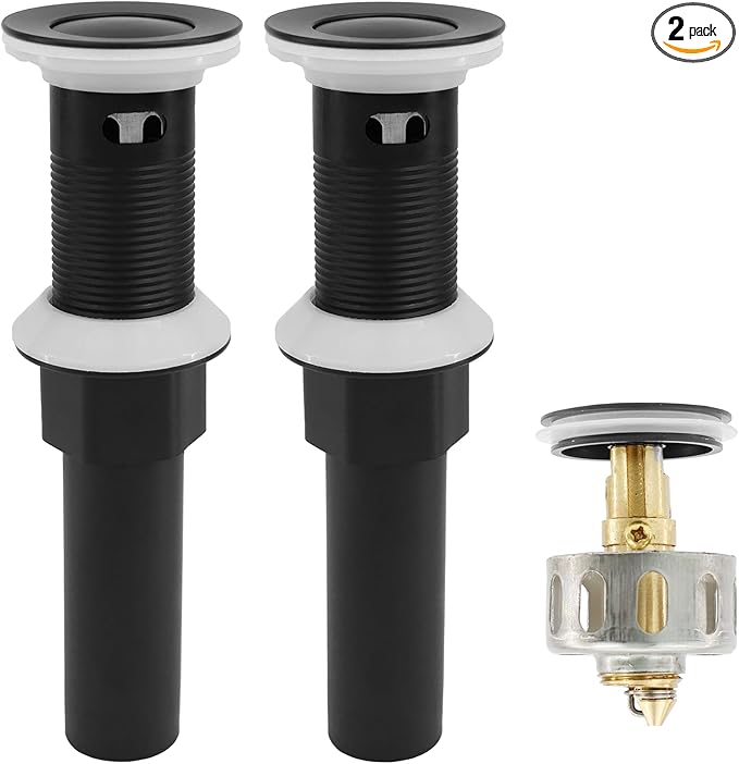 Bathroom Sink Drain,2 Pack Drain Stopper with Overflow,Small Cap Pop Up Drain Assembly with Detachable Strainer Basket,Built-in Anti-Clogging, Stainless Steel Nut Matte Black