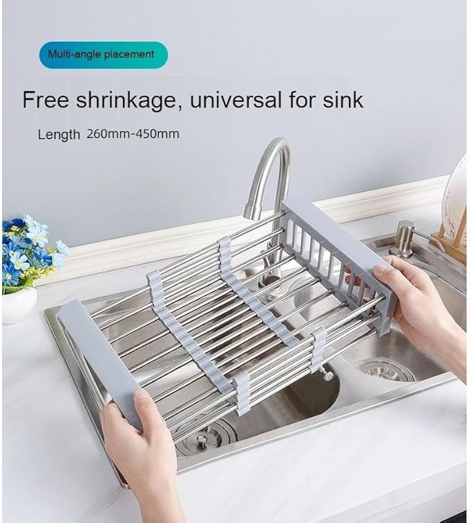 Adjustable Dish Drying Rack with Stainless Steel Drain Basket Over-The-Sink - Portable & Telescopic Space-Saving Solution for Fruit Vegetable