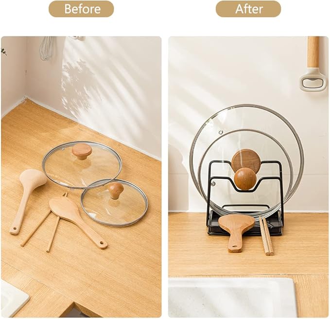 Poeland Pot Lid Holder, 2 Layers Pot Lids Organizer Multifunctional Lid and Spoon Rest Rack with Drip Tray for Lids, Spatulas, Spoons, Cutting Boards