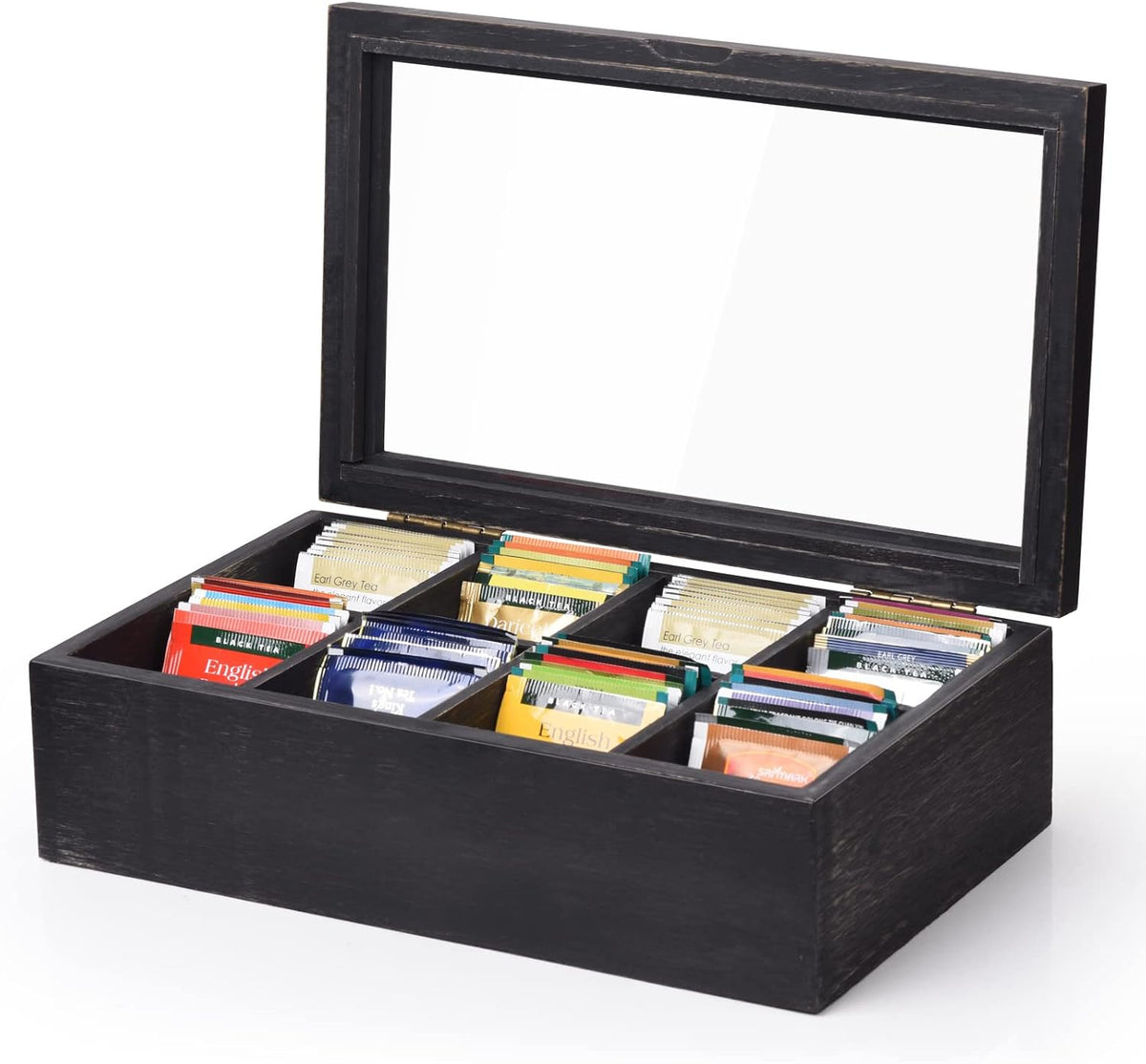 Wooden Tea Box with Lid & 8-Compartment, Weathered Black