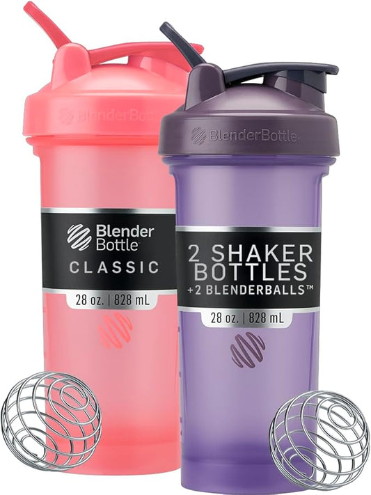 BlenderBottle Classic V2 Shaker Bottle Perfect for Protein Shakes and Pre Workout, 28-Ounce (2 Pack), Pink and Purple