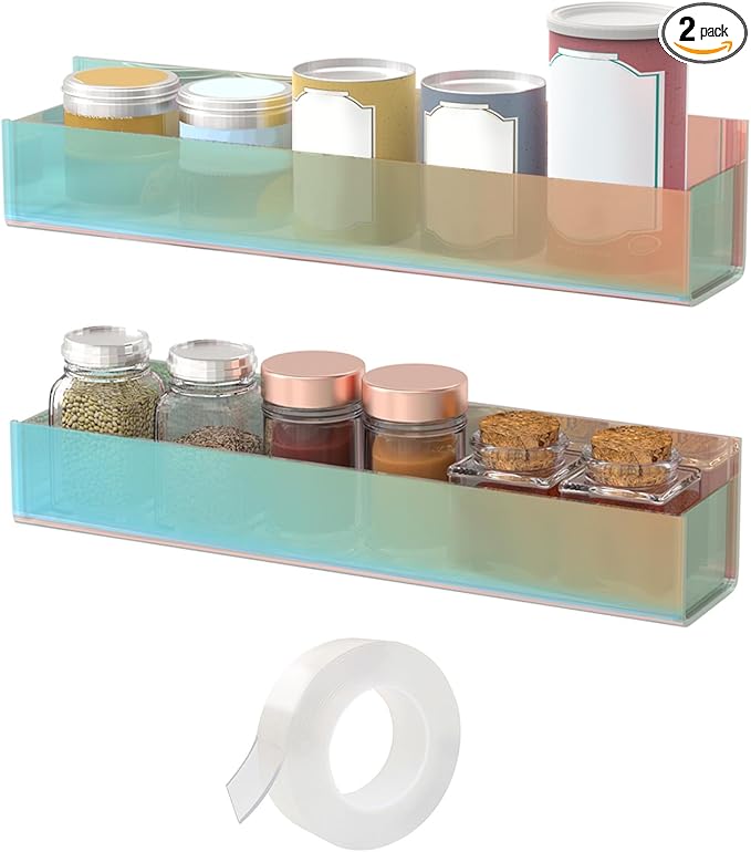 VAEHOLD Adhesive Acrylic Spice Rack with Nano Double Sided Tape Wall Mount Organizer, Wall Spice Rack With Shelf Ends for Kitchen Cabinet Door - 2 Pack 12‘’ Shelves (Colorful)