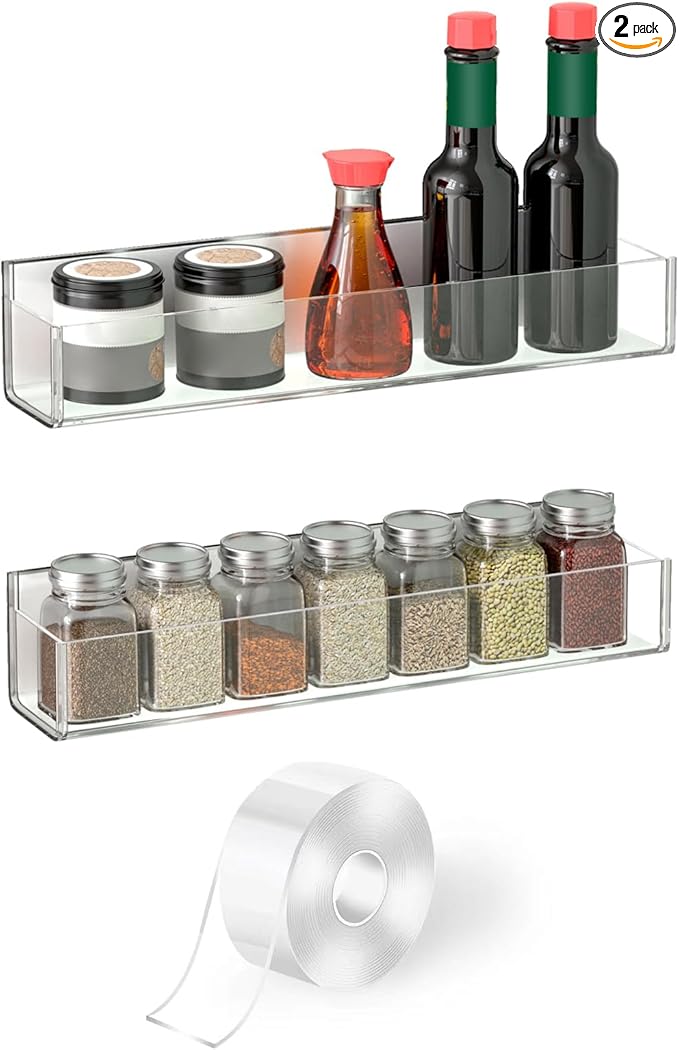 VAEHOLD Adhesive Acrylic Spice Rack with Nano Double Sided Tape Wall Mount Organizer Clear Wall Spice Rack With Shelf Ends for Kitchen Cabinet Door - 2 Pack 12‘’ Shelves