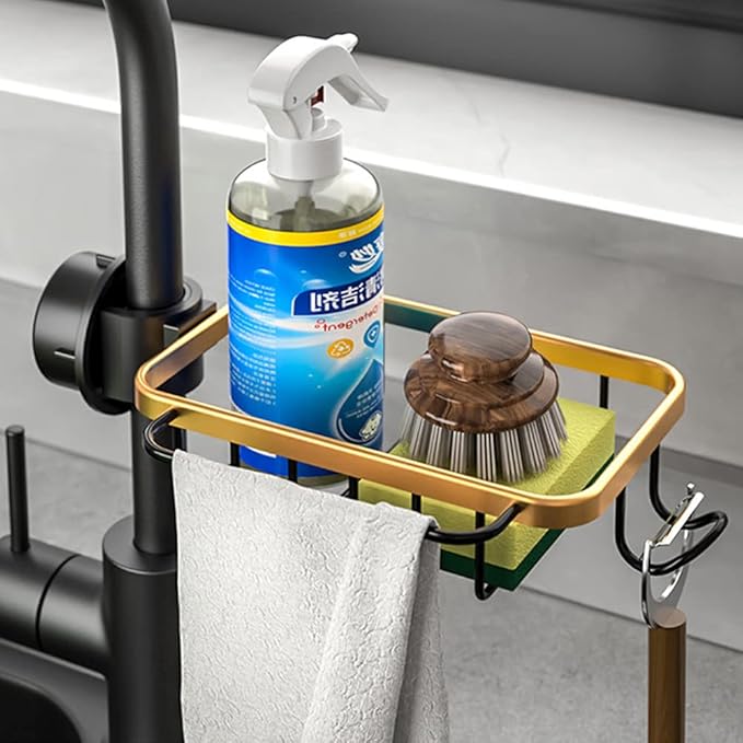 Stainless Steel Drying Rack with Dishcloth Rack, Over Faucet Hanging Kitchen Sink Organizer, Space Saving, Golden