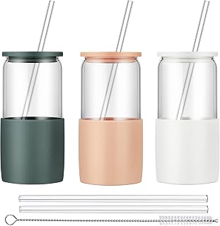 Glass Tumbler with Straw and Lid, 16oz Ice Coffee Cup, Silicone Sleeve Cleaning Brushes, Drinking Glasses for Water, Iced Coffee, Smoothie -BPA Free -3 Pack
