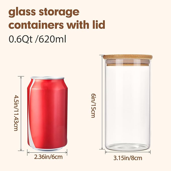 Moretoes 6 Pack 0.6qt Glass Storage Containers with Bamboo Lids, Airtight Food Storage Jars for Pantry, Dry Goods, Flour, Sugar