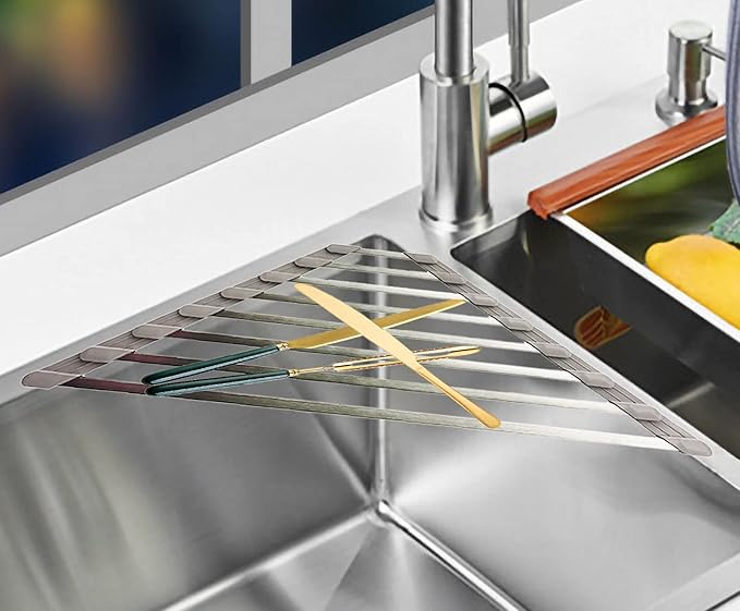 Ahyuan Corner Sink Dish Drainer Over The Sink Dish Drying Rack Corner Dish Rack SUS304 Cubic Stainless Still Kitchen Sponge Holder Corner Sink Sponge Caddy Dish Rack (Light Gray)