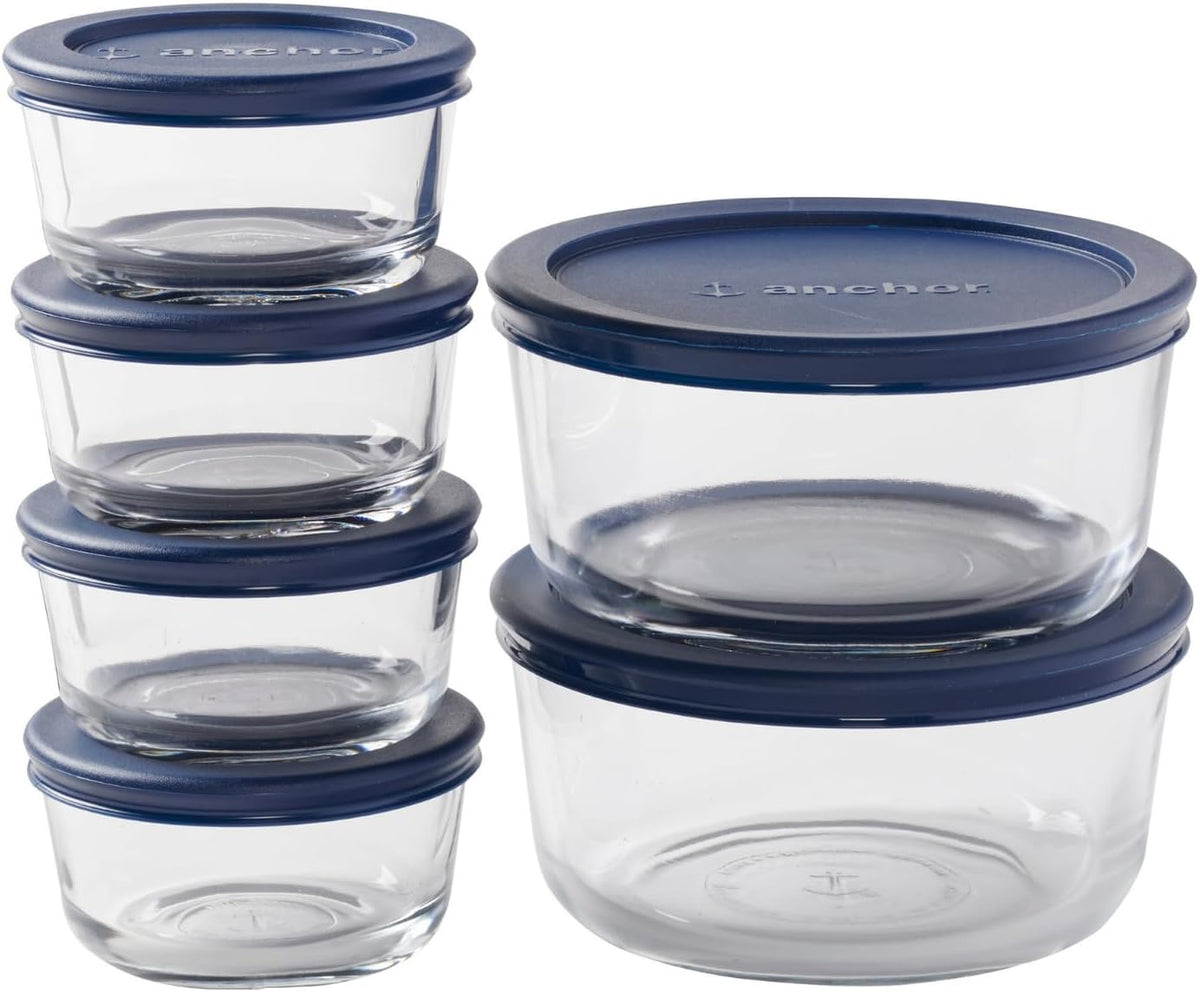 12 Piece Glass Storage Containers with Lids (6 Glass Food Storage Containers & 6 Navy Blue SnugFit Lids)
