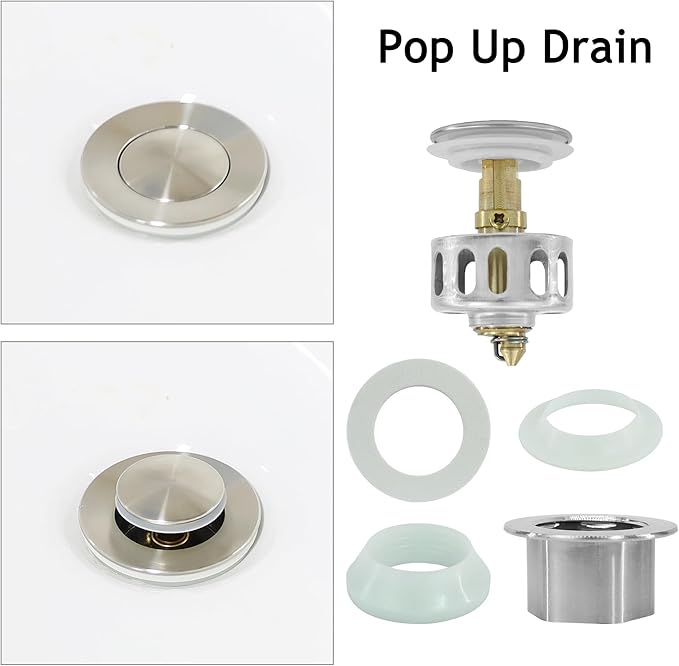 Bathroom Sink Drain,Drain Stopper Bathroom Sink with Overflow,Small Cap Pop Up Drain Assembly with Detachable Strainer Basket,Built-in Anti-Clogging, Stainless Steel Nut Brushed Nickel