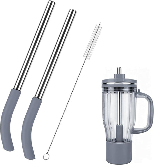 2Pcs Replacement Straw for Ninja BlendBOSS Personal Smoothie Blender Cup, Reusable Glass Straws Compatible With Ninja BlendBOSS Travel Tumbler (Grey)