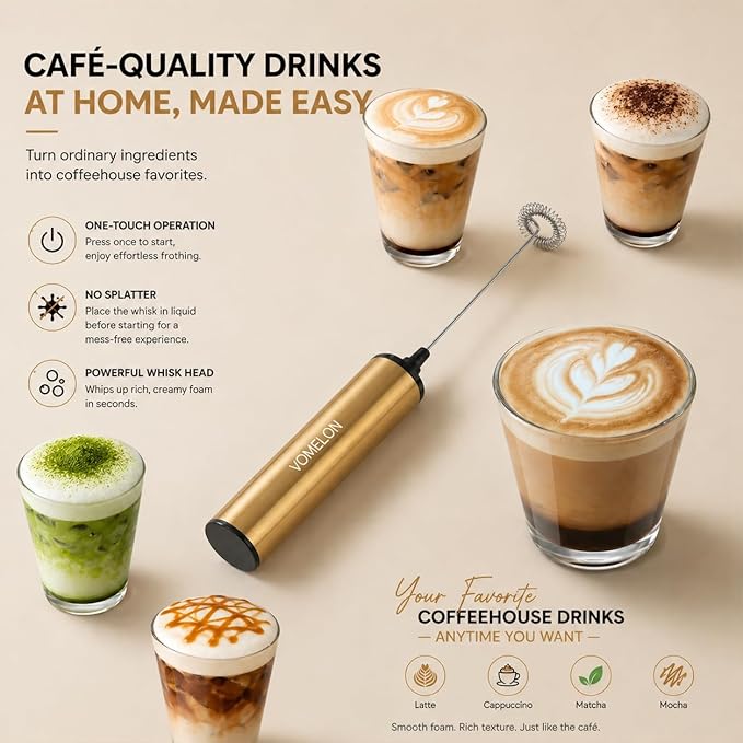 Rechargeable Electric Milk Frother Handheld,2-Speed Travel Frother with Tube Case, Milk Foamer Coffee Frother for Latte, Cappuccino, Drink Mixer with 2 Stainless Whisks and Charger Golden