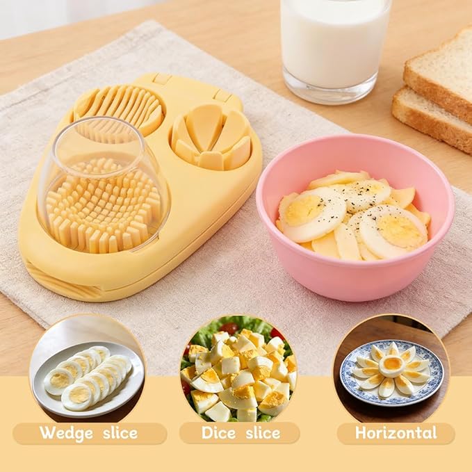3 in 1 Boiled Egg Slicer, Manual Egg Slicer for Hard Boiled Eggs, 3 Slice Modes Chopper Cutter Stainless Steel Dicer, Kitchen Gadget for Butter Strawberry Tomato, Labor Saving (Yellow)