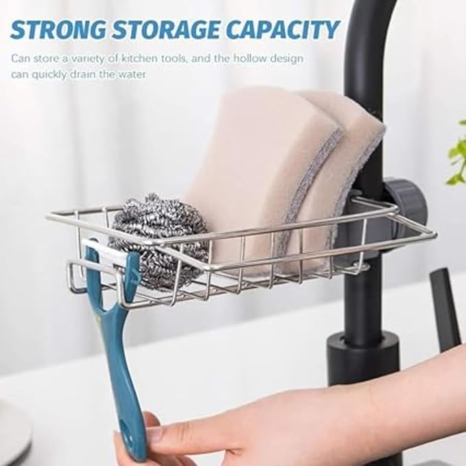Sponge Holder Over Faucet Kitchen Sink Caddy Organizer, Stainless Steel Hanging Faucet Drain Rack for Soap, Scrubbers & Sponges, Rustproof Chrome Sink Organizer