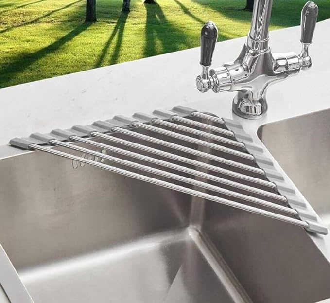 Triangle Dish Drying Rack for Sink Corner Roll Up Folding Stainless Steel Multipurpose Over The Sink Dish Drainer Mat for Kitchen (Grey)