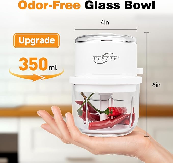 Electric Garlic Chopper, 350ML Glass Bowl Mini Food Processor, Portable Veggie Chopper Onion Garlic Grinder, Wireless Blender for Ginger, Chili, Fruit, Meat, etc