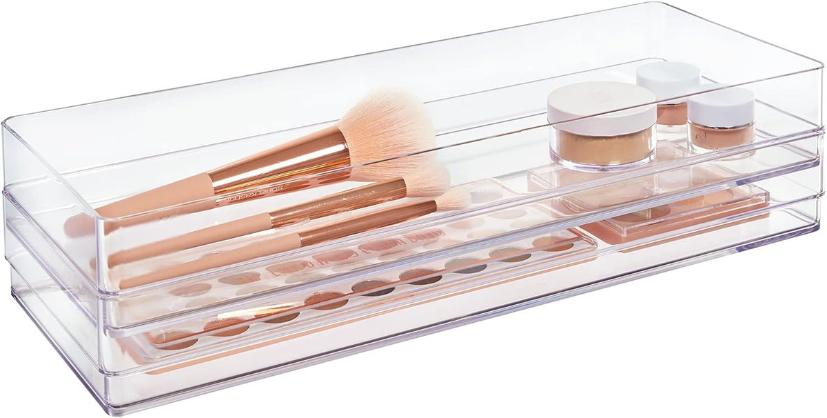 SimpleSort 2-Piece Stackable Clear Drawer Organizer Set | 15" x 6" x 2" Rectangle Trays | Wide Makeup Vanity Storage Bins and Office Desk Drawer Dividers | Made in USA