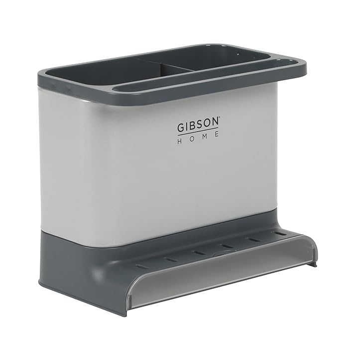 Gibson Home Ledgebrook Sink Caddy with Metal Panel, Metal Sponge Holder for Kitchen Sink, Countertop Organizer and Storage Essentials with Drain Board