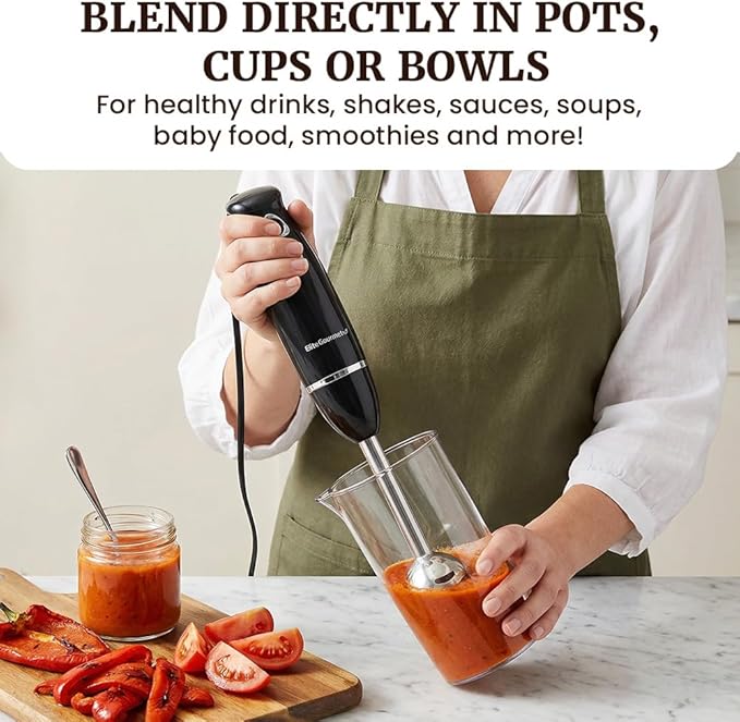 Elite Gourmet EHB1015 Immersion Hand Blender 500 Watts 2 Speed Mixing with Stainless Steel Blades, Detachable Wand Stick Mixer, Smoothies, Baby Food, Soup, Black