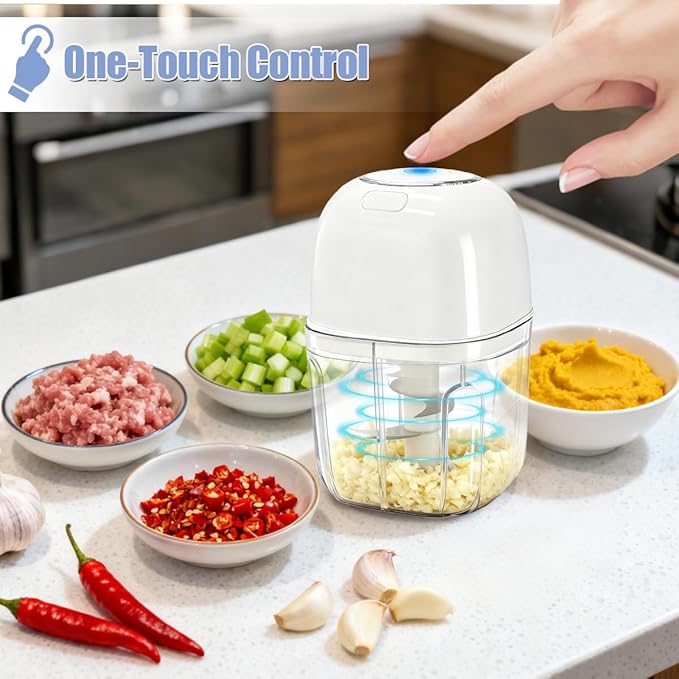Electric Garlic Chopper, Portable Food Processor 350ML Rechargeable USB C Vegetable Blender with 6 Stainless Steel Blades Safty Lock, Cordless Mini Chopper for Onion Nuts Chili Herb Meat