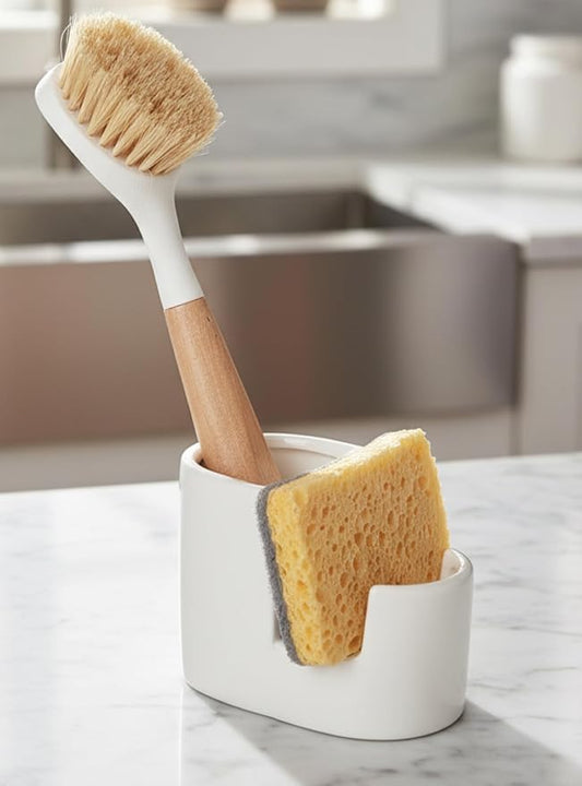 Ceramic Sponge Holder for Kitchen Sink, 2-in-1 Sponge & Brush Organizer, Compact Countertop Sink Caddy with Raised Edge to Catch Drips