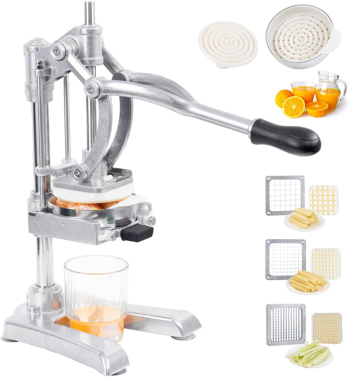 Multifunctional 4in1 Manual Vegetable slicer Citrus Squeezer Juicer Machine AIO Stainless Steel French Fry Cutter Potato Slicer (Sliver, Squeezer & 1/2 3/8 1/4 Blade)