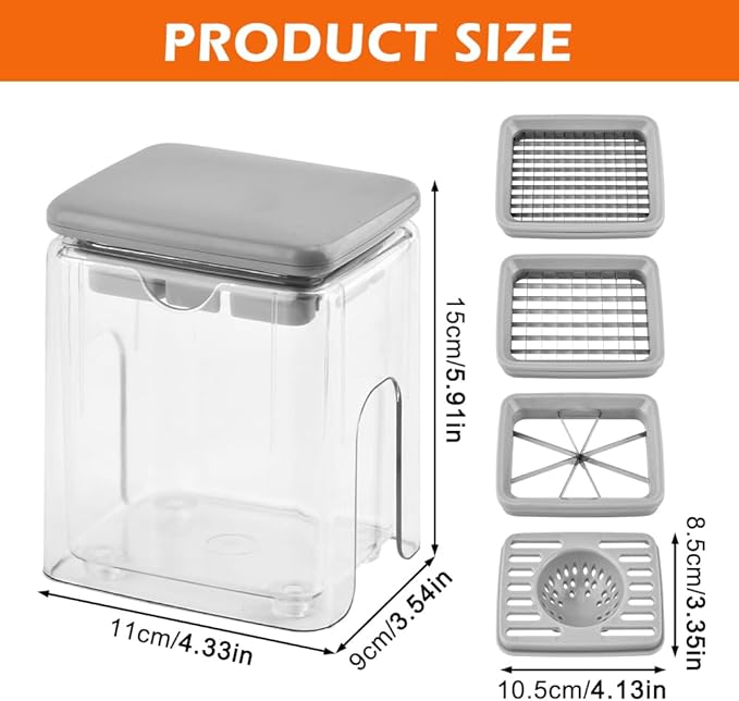 4-in-1 French Fry Cutter, Manual Veggie Chopper Potato Cutter Fruit Slicer with 3 Blades & 1 Juicing Mold, Multi-Function Fry Cutter Dicer Food Dicer for Fries Potato Onion(COLOR:Grey)