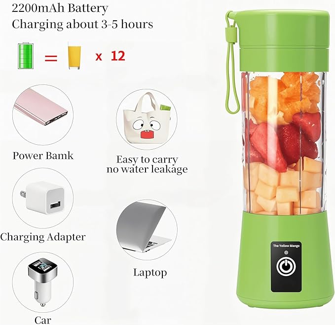 Portable Blender Cup, Electric USB Mini Juicer Blender for Shakes and Smoothies, 380ml, 6 Stainless Steel Blades, Rechargeable, Lightweight, Black, Ideal for Travel & Gym (Green)