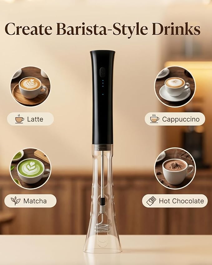 Milk Frother Handheld Rechargeable, Low Noise Frother Wand with Hands-Free Stand, Dual Coil Milk Frother for Coffee, Latte, Cappuccino & Matcha for Thick Creamy Foam, Anti-Accidental Start Design