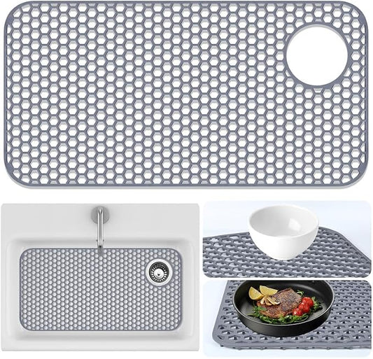 Sink Protector for Kitchen Sink Mat - 28.35"x14.37" Kitchen Sink Pad for Bottom of Sink Protec of Stainless Steel Sink Tableware Farmhouse Rubber Sink Mat Protector with Top Right Drain - Light Gray