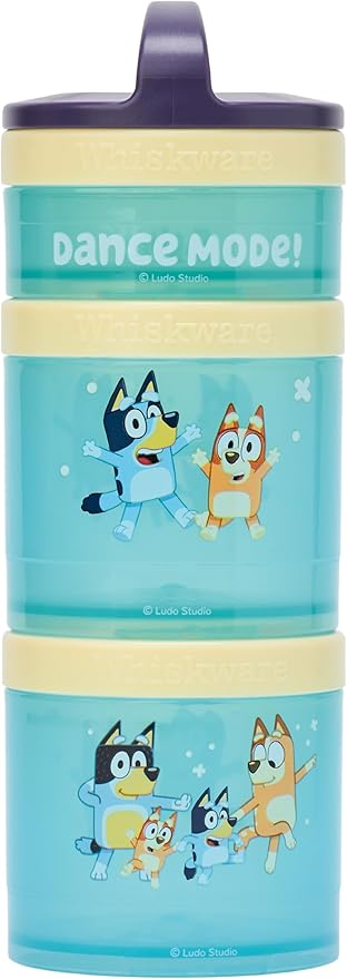 Whiskware Bluey Stackable Snack Containers for Babies, Toddlers, and Kids, 3 Stackable Snack Cups for School and Travel, Cupholder Friendly, Bluey, Bingo, Bandit Heeler, and Chilli, Dance Mode!