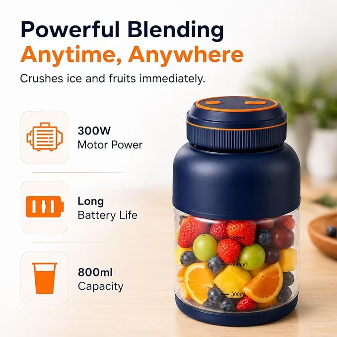 Portable Appliances Juicer, 2026 New 44oz Personal Size Blender for Shakes and Smoothies, Dual Lid Compact Travel Drinking Cup with Leakproof Handle for Office Outdoor (Blue, 1300, Milliliters)