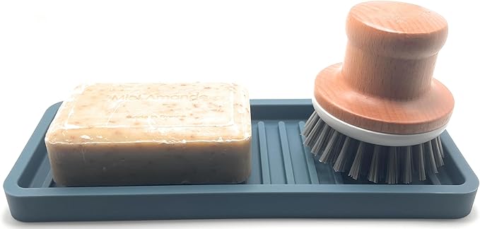 Silicone Sink and Surface Organizer Tray, Sponge Holder, Vanity Tray, Trivet, Heat Safe, Dishwasher Safe, for Bathroom and Kitchen Organization (Smoky Blue, 9"x3.5")