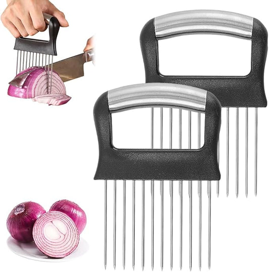 Onion Holder for Slicing, 2025 New Stainless Steel Onion Slice Holder Lemon Slicer Vegetable Cutter, Kitchen Chopper Slicing Assistant Tool for Meat, Onion, Potato, Tomato (A-2PCS)