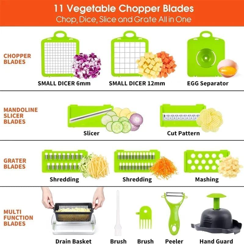 14-in-1 Vegetable Chopper, Mandoline Slicer & Food Dicer with Container, Multifunction Vegetable Cutter with Stainless Steel Blades, Onion Chopper, Grater, Julienne & French Fry Cutter - Image 3