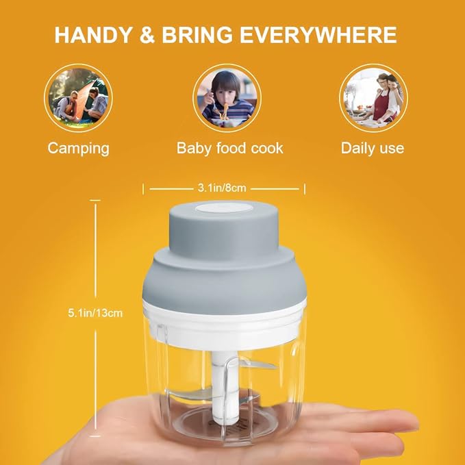 Electric Garlic Chopper Mini, Garlic Masher Mincer Crusher Chili Nuts Meat Grinder, Food Processor Small with Garlic Peeler And Spoon, Gray,250ML