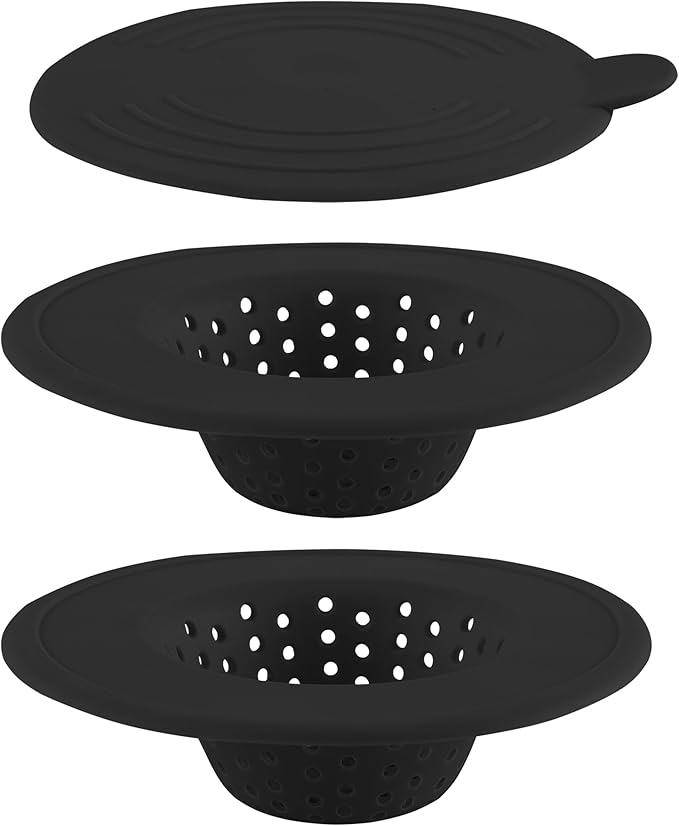 COOK WITH COLOR Kitchen Sink Strainer, Silicone, Flexible Sink Strainer, Sink Drain Strainer, 3 Pc Black
