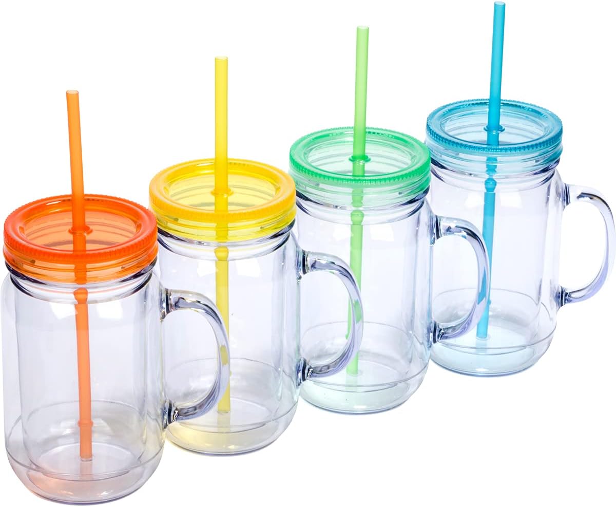 Plastic Mason Jars with Handles, Lids and Straws | 20 oz Double Insulated Tumbler with Straw | 4 Pack Set of 4 | Wide Mouth Mason Jar Mugs | Cups for Kids and Adults…