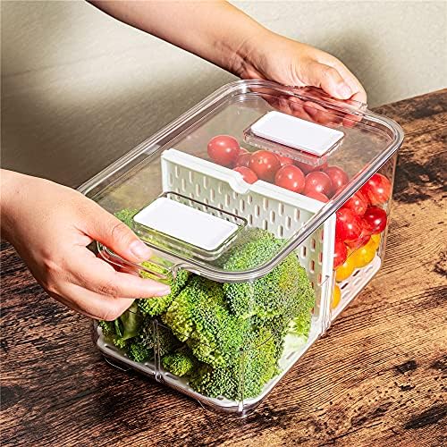 11'' Large Food Storage Containers, Fridge Produce Saver 2 Tier Stackable Refrigerator Organizer with Lids and Removable Drain Tray Drawers Bins Baskets for Kitchen