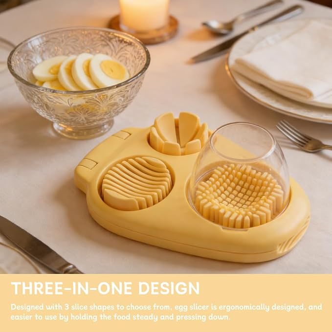 3 in 1 Boiled Egg Slicer, Manual Egg Slicer for Hard Boiled Eggs, 3 Slice Modes Chopper Cutter Stainless Steel Dicer, Kitchen Gadget for Butter Strawberry Tomato, Labor Saving (Yellow)