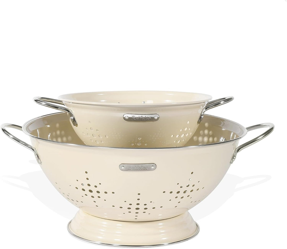 Metal Colander 2 Pack, Strainer Bowel with Handles 2Qt & 6Qt Powder Coated Solid Ring Base Heavey Duty Kitchen Drainer Basket for Pasta Veggies and Fruits,New Home Apartment Essentials (Almond Cream)